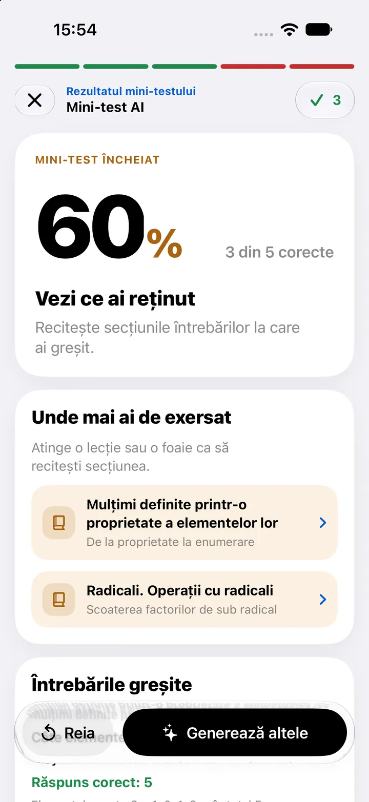 Rezultatul unui mini-test: 60%, 3 din 5 corecte, și lecțiile unde mai e de exersat.