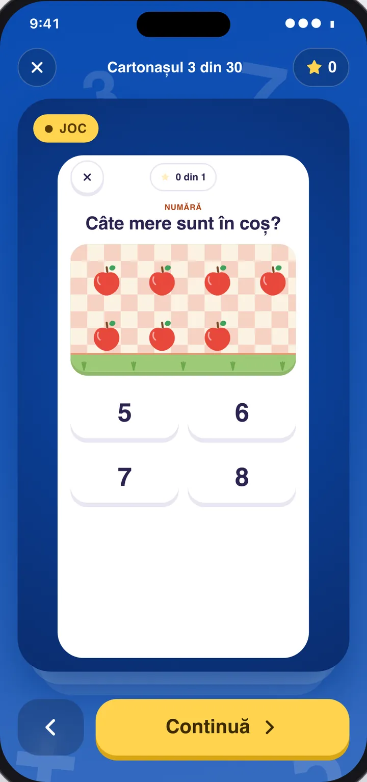 Joc „Numără”: câte mere sunt în coș? Patru variante de răspuns.