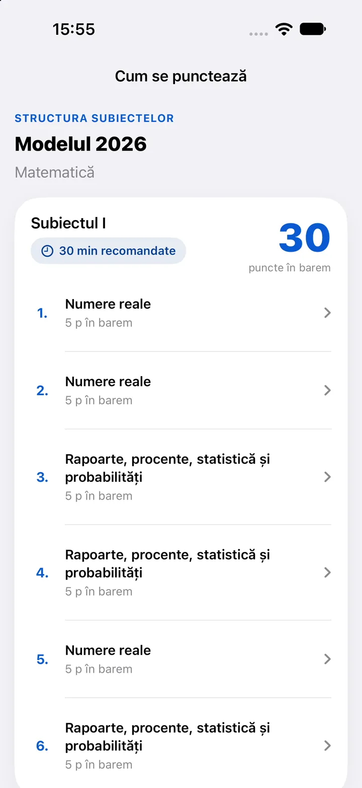 Structura variantei Model 2026 la Matematică: Subiectul I, 30 de puncte în barem, exercițiile pe teme.